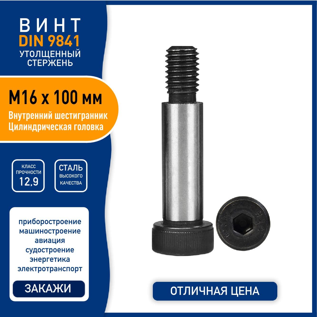 Винт DIN 9841 (ISO 7379) M16 х 100 мм с утолщенным стержнем и внутренним шестигранником, сталь класса 12,9 - 1 шт.